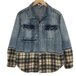 Denim Shacket Mixed Media Plaid Wool Flannel Button Up Shirt Jacket By Gimmicks